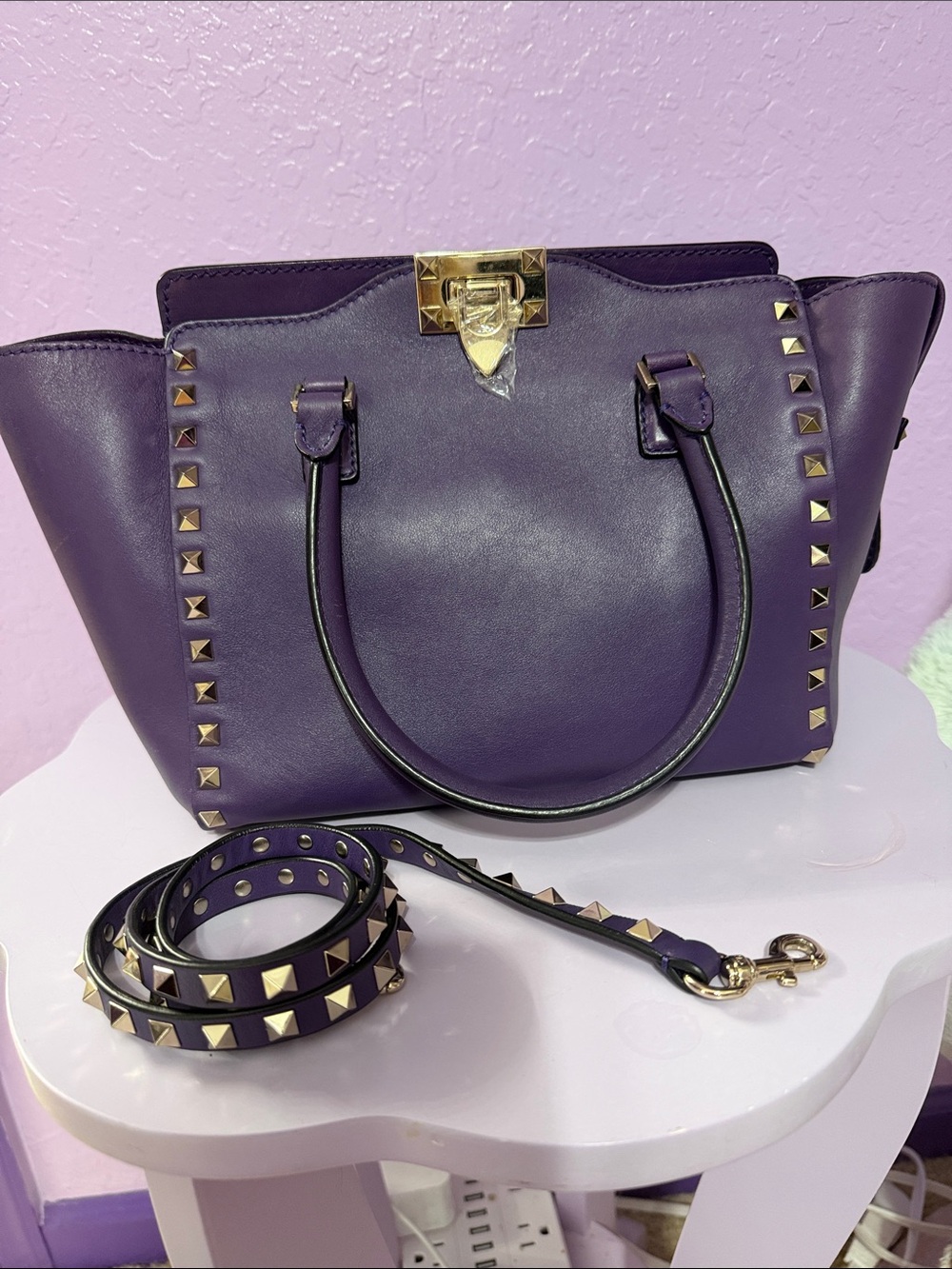 Valentino Garavani Purple Rockstud Satchel with Detachable Strap